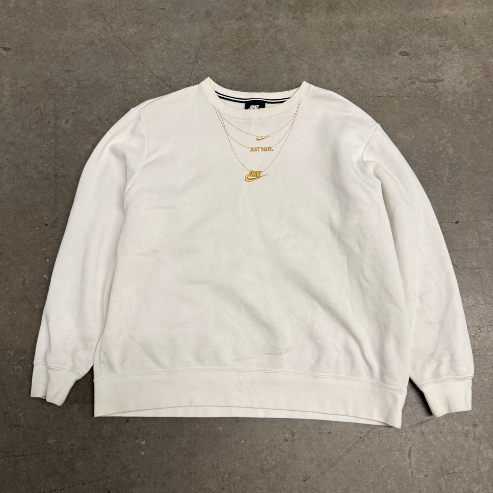 Nike Womens Crewneck Sweatshirt Cream Gold Chain Graphic Just Do It Fleece M